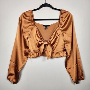 forever 21 Women Small Bronze Satin Crop Top Puff Sleeve Coquette Fairycore Boho